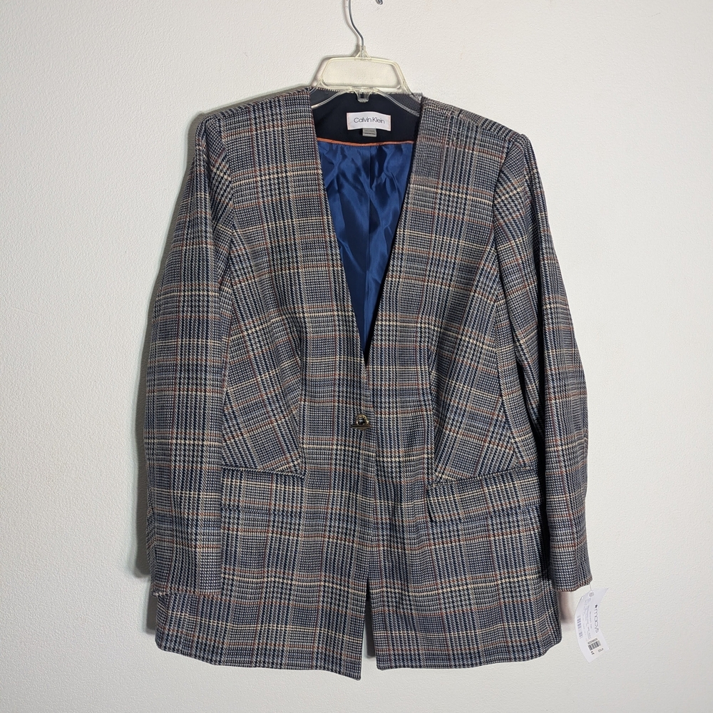 Calvin Klein Women’s Blazer Suit‎ Jacket NWT Plaid Dark Academia Professor 14W - Picture 2 of 16